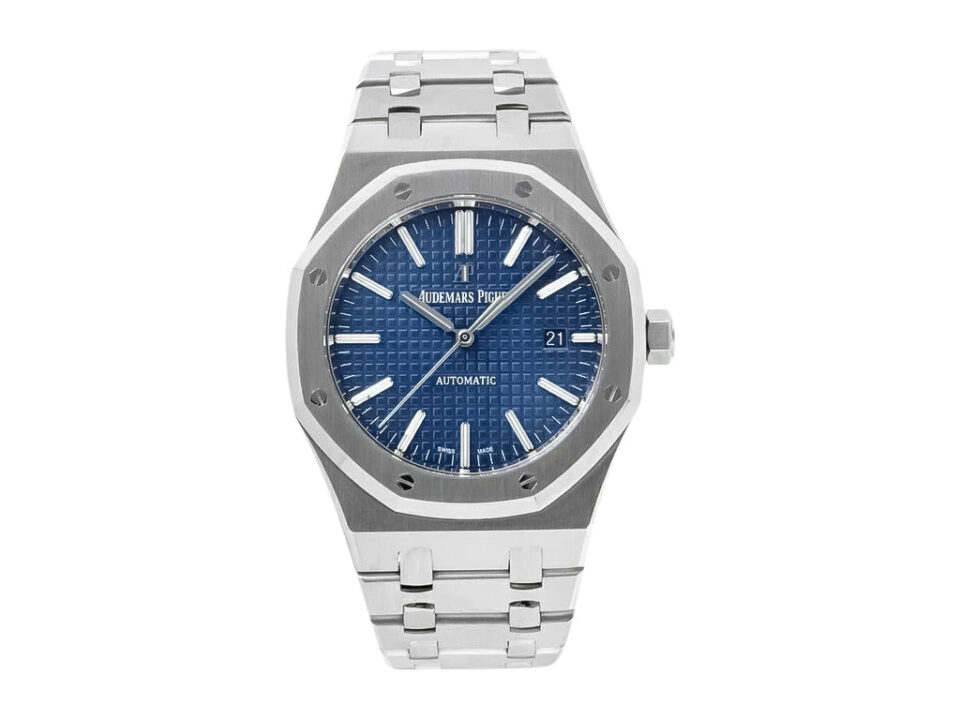 Royal Oak Stainless Steel Watch with Blue Dial (41mm) – Model 15400, featuring a signature octagonal bezel and link bracelet.