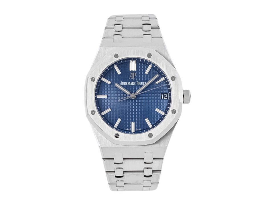 Royal Oak Stainless Steel watch with a 41mm case, blue dial featuring a textured design, and silver-tone hour markers.
