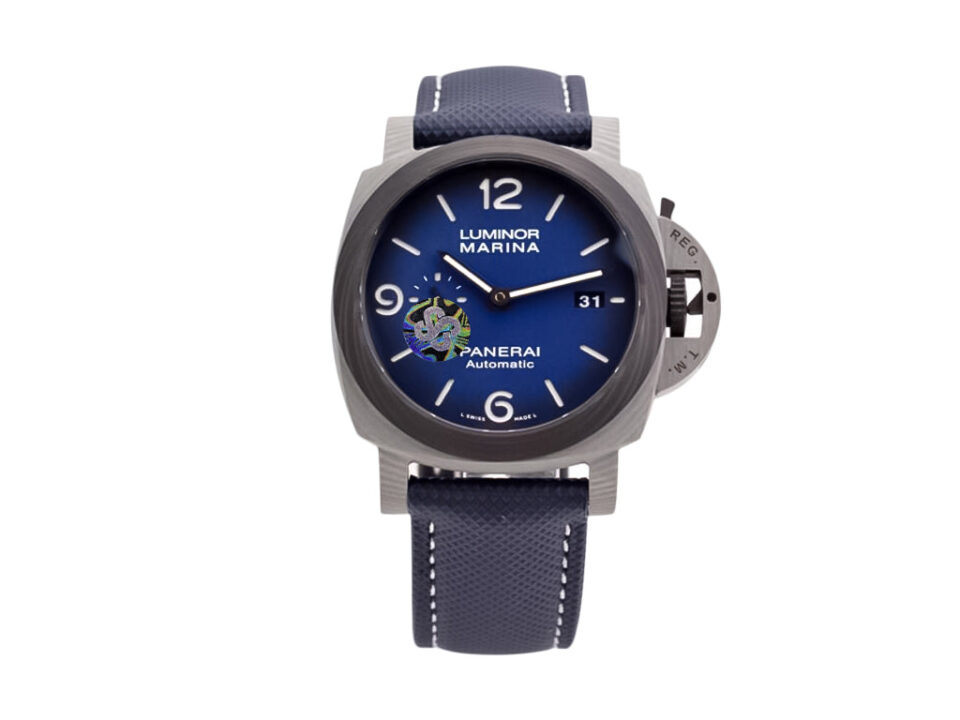 Luminor 1950 44 3 Days Automatic ‘Volcano Blu’ watch with blue dial, composite Fibratech case, and navy leather strap.
