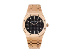 Royal Oak Pink Gold with Black Dial (41mm) – 15500, featuring a pink gold case and bracelet with a textured black dial.