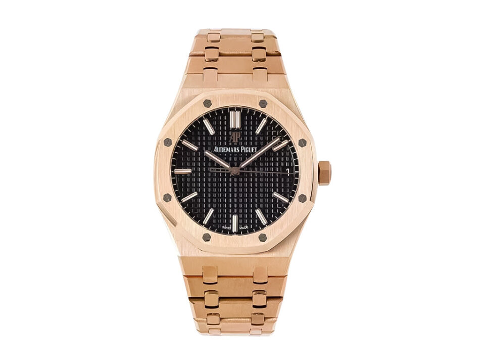 Royal Oak Pink Gold with Black Dial (41mm) – 15500, featuring a pink gold case and bracelet with a textured black dial.