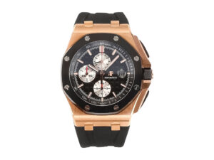 Royal Oak Offshore Chronograph 44mm in pink gold with black dial, white subdials, and a black strap.