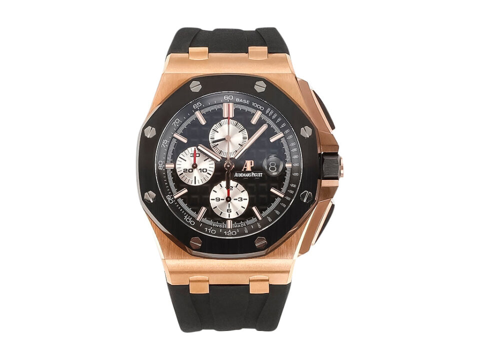 Royal Oak Offshore Chronograph 44mm in pink gold with black dial, white subdials, and a black strap.