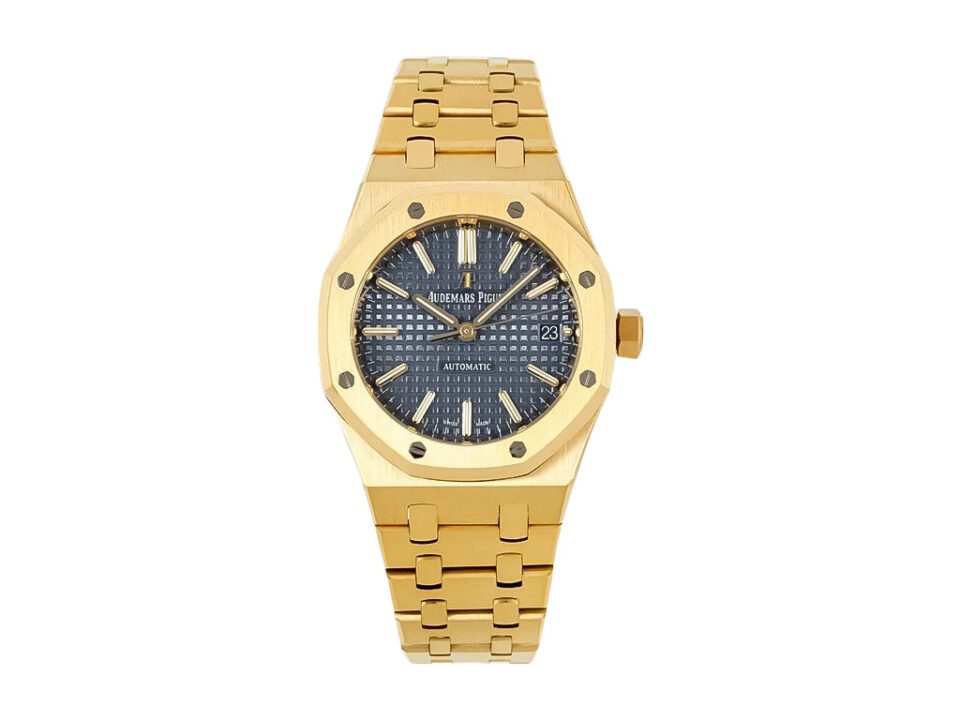 Royal Oak Yellow Gold with Blue Dial (37mm), featuring a gold bracelet, octagonal bezel, and textured blue watch face.