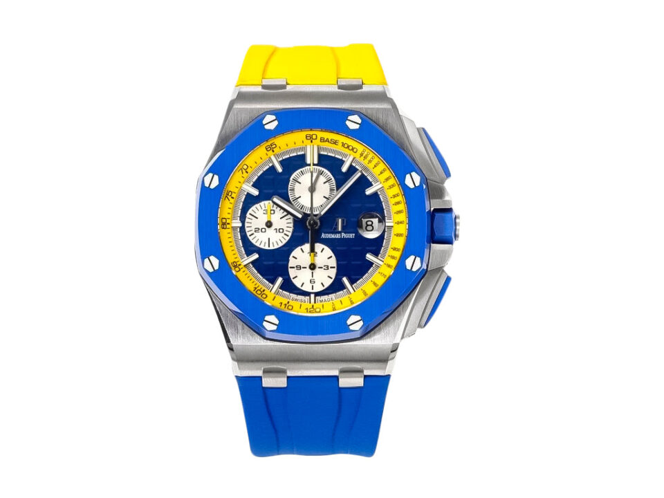 Royal Oak Offshore Chronograph Ukrainian Flag (44mm) with blue and yellow accents, steel case, and rubber strap.