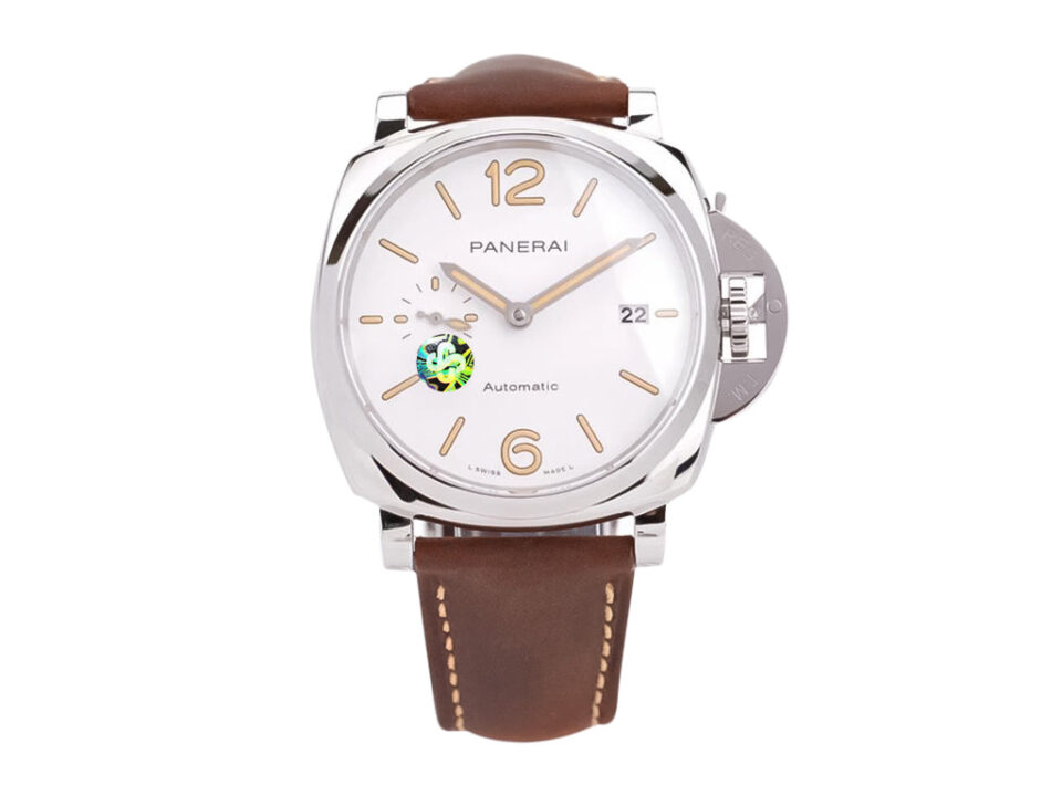 Luminor Due 42 watch with a stainless steel case, white dial, brown leather strap, and visible date feature on product page.