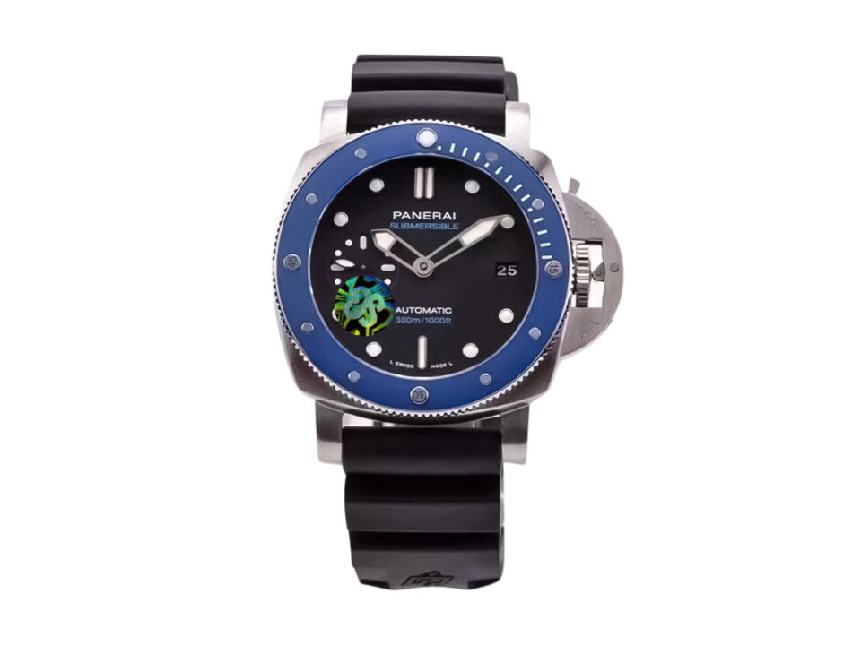 Luminor Submersible 42 3 Days Automatic 'Azzurro' with stainless steel case, blue ceramic bezel, and black rubber strap.