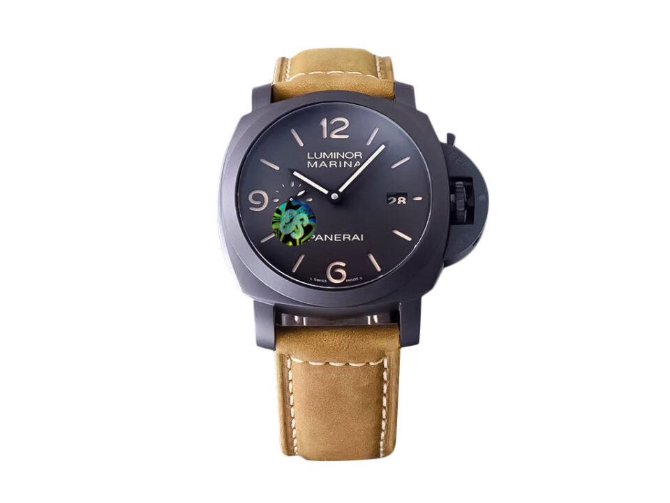 Luminor 1950 Marina 3 Days Automatic Aluminium watch with black dial, brown strap, and 44mm case displayed front-facing.