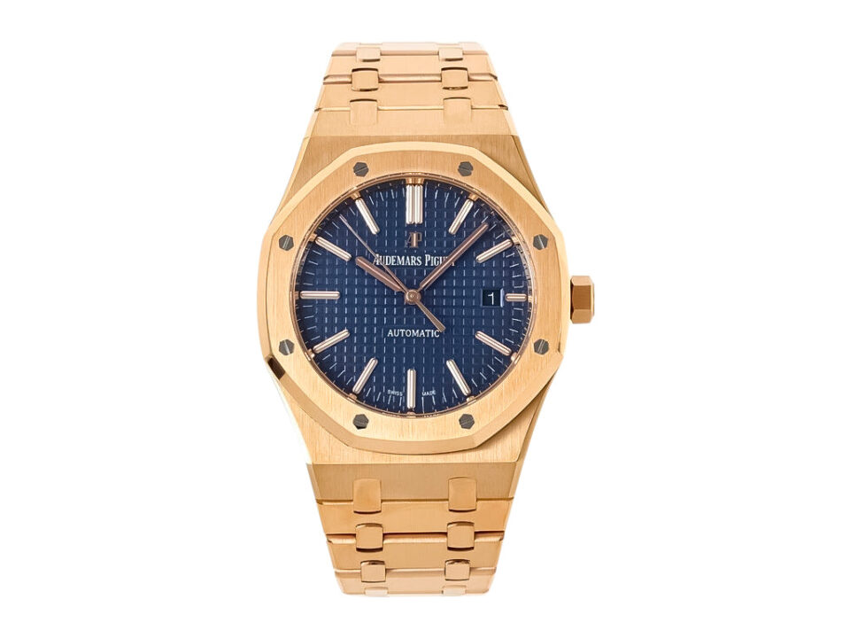 Royal Oak Pink Gold with Blue Dial (41mm) – 15400, featuring a pink gold case and bracelet with striking blue patterned dial.