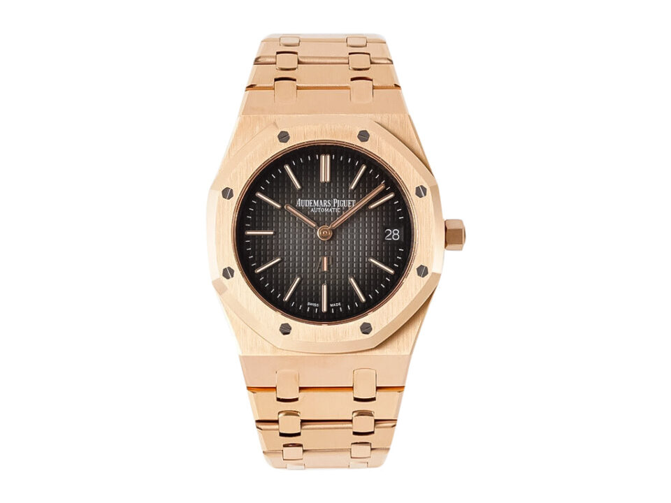Royal Oak ‘Jumbo Extra-Thin’ Pink Gold ’50th Anniversary’ watch with grey dial, featuring a sleek design and elegant finish.