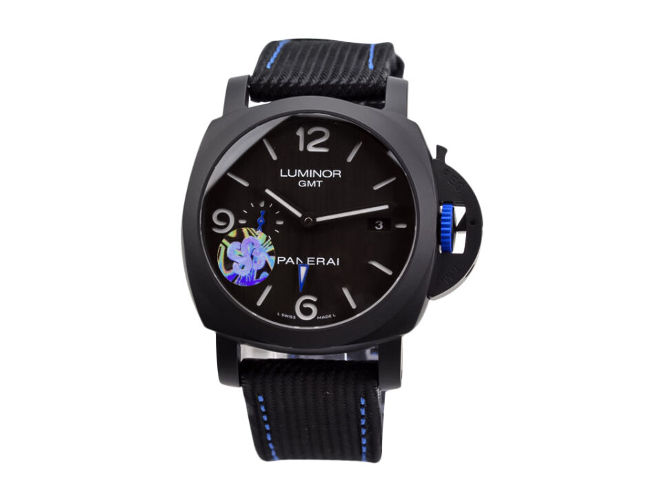 Luminor 1950 44 GMT Automatic Bucherer Blue Label Edition with DLC coated ceramic case and blue-accented black strap.