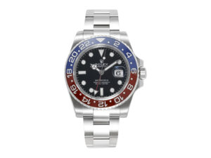 GMT-Master II Stainless Steel 'Pepsi' on Oyster (40mm), featuring a black dial, red and blue bezel, and date display.