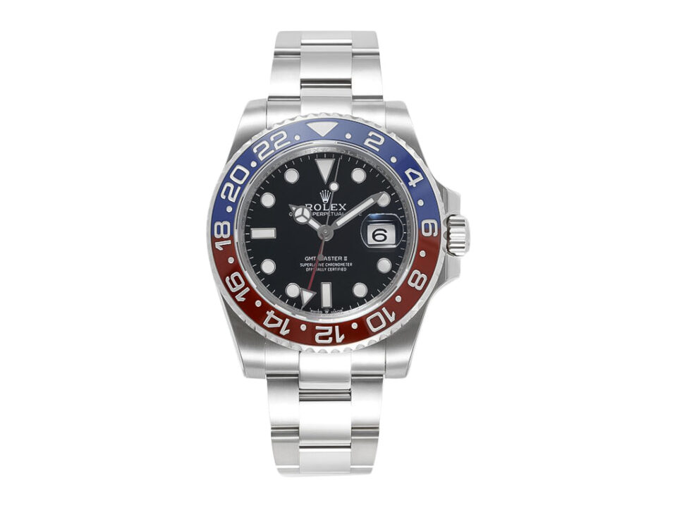 GMT-Master II Stainless Steel 'Pepsi' on Oyster (40mm), featuring a black dial, red and blue bezel, and date display.