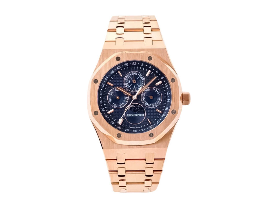 Royal Oak Perpetual Calendar watch in pink gold with a blue dial, featuring a 41mm case and intricate calendar subdials.