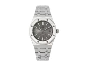 Royal Oak Stainless Steel watch with a grey patterned dial, 37mm case, and integrated steel bracelet displayed front-facing.