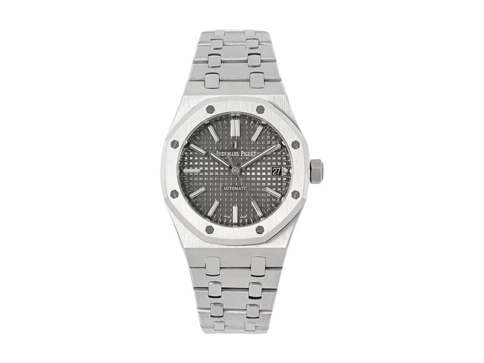 Royal Oak Stainless Steel watch with a grey patterned dial, 37mm case, and integrated steel bracelet displayed front-facing.