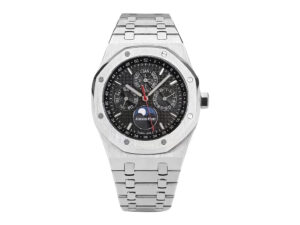 Royal Oak ‘Perpetual Calendar’ stainless steel watch with a titanium grey dial (41mm), featuring intricate detailing.