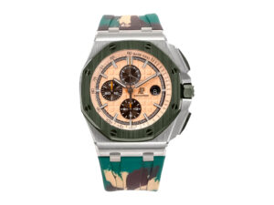 Royal Oak ‘Offshore Chronograph’ 44mm watch in stainless steel with beige dial and green camouflage rubber strap.