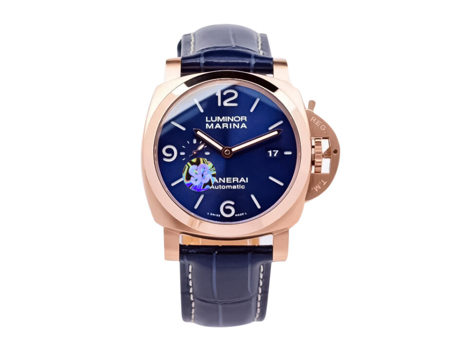 Luminor 1950 44 3 Days Automatic Goldtech Cushion Case with 'Sole Blu' Sunburst Dial and blue leather strap.