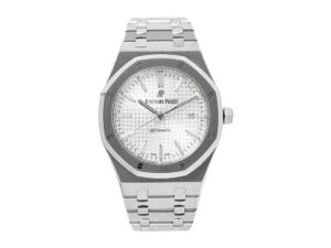 Royal Oak Stainless Steel 41mm watch with a silver dial, signature bracelet design, date display at the 3 o’clock position.