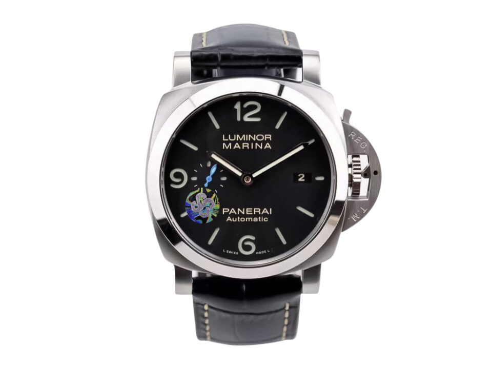 Luminor 1950 44 3 Days Automatic watch with brushed stainless steel case, polished bezel, black dial, black leather strap.