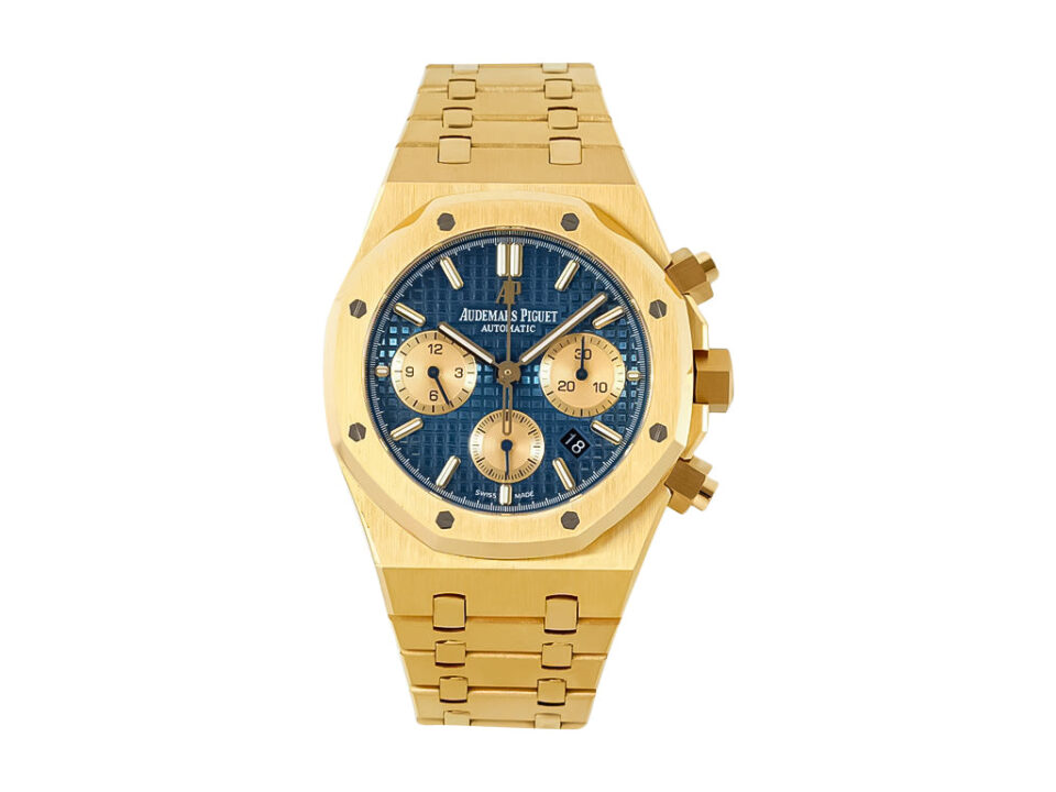 Royal Oak Chronograph Yellow Gold 41mm with blue dial, gold subdials, matching yellow gold bracelet displayed front-facing.