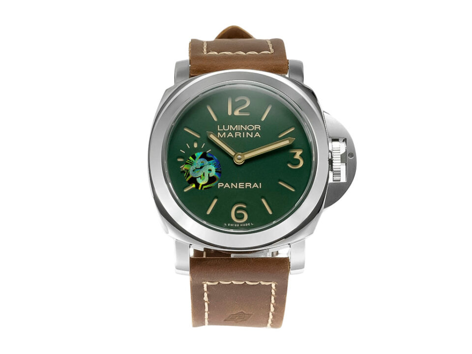 Luminor Marina 8 Days ‘Paneristi’ watch with green dial, stainless steel case, and brown leather strap displayed upright.