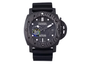 Luminor Submersible 47 Marina Militare watch with forged carbon case and bezel, featuring a black dial and rubber strap.