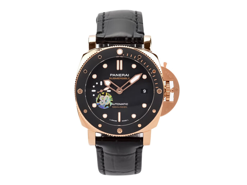 Luminor Submersible 42mm watch with Goldtech red gold case, black dial, and black leather strap displayed facing forward.