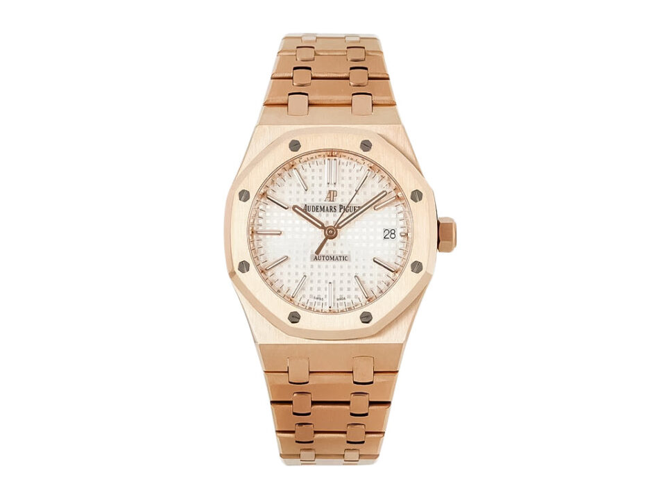 Royal Oak Pink Gold with Silver Dial (37mm) featuring a sleek pink gold bracelet and silver-textured dial with date display.
