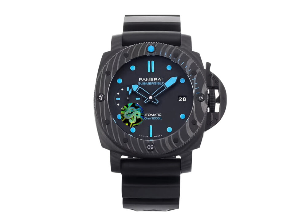 Luminor Submersible 47 3 Days Automatic watch with black forged carbon case, bezel, and blue accents on the dial.