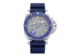 Luminor Submersible 42 3 Days Automatic watch stainless steel case, shark-grey dial, and blue bezel on navy rubber strap.