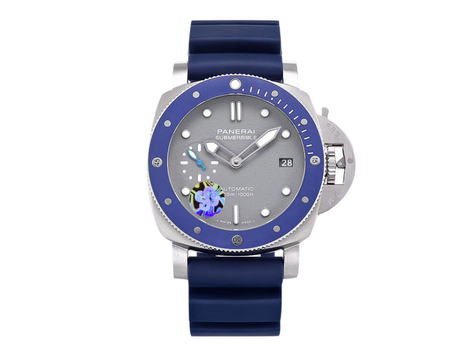 Luminor Submersible 42 3 Days Automatic watch stainless steel case, shark-grey dial, and blue bezel on navy rubber strap.