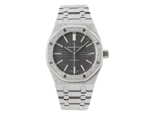 Royal Oak Frosted Stainless Steel watch with 41mm case, grey textured dial, and integrated bracelet design.