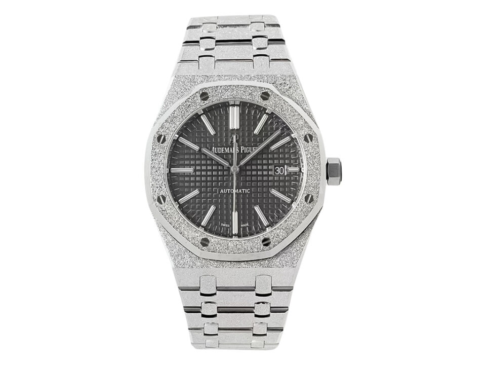 Royal Oak Frosted Stainless Steel watch with 41mm case, grey textured dial, and integrated bracelet design.