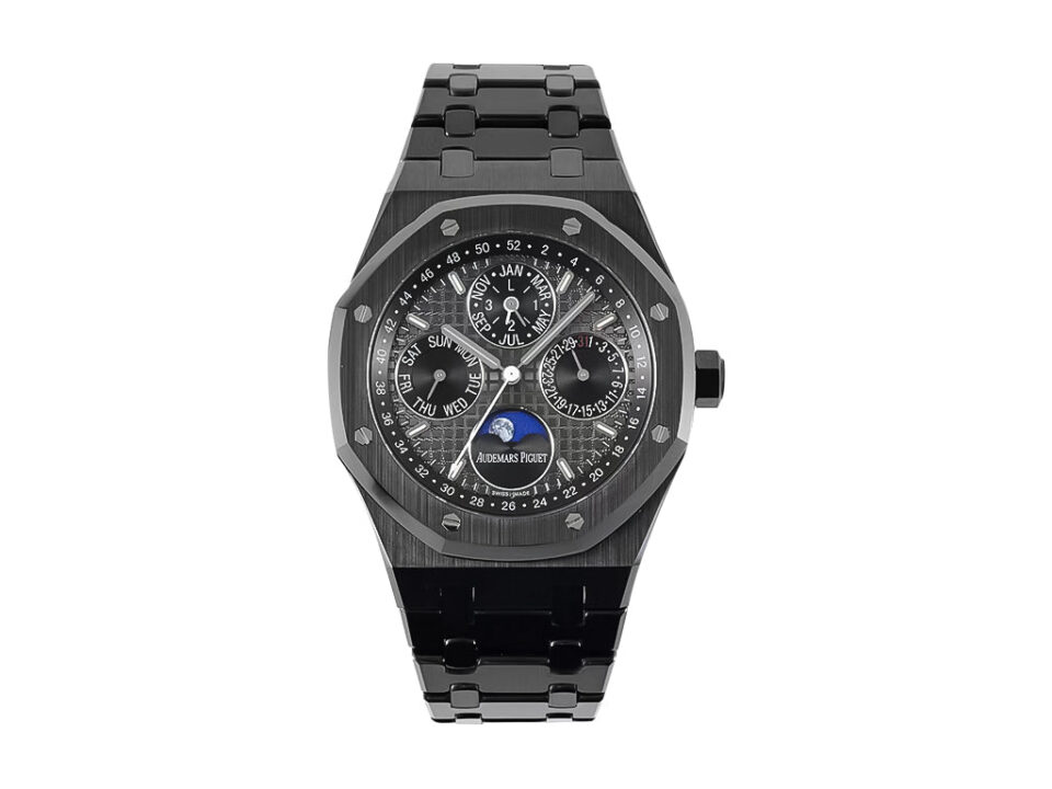 Royal Oak Perpetual Calendar 41mm watch in black ceramic with intricate black dial and moon phase display.