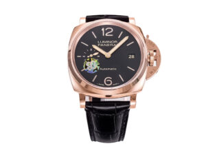 Luminor Due 38 Automatic watch with red gold case, black dial featuring date display, and black leather strap.