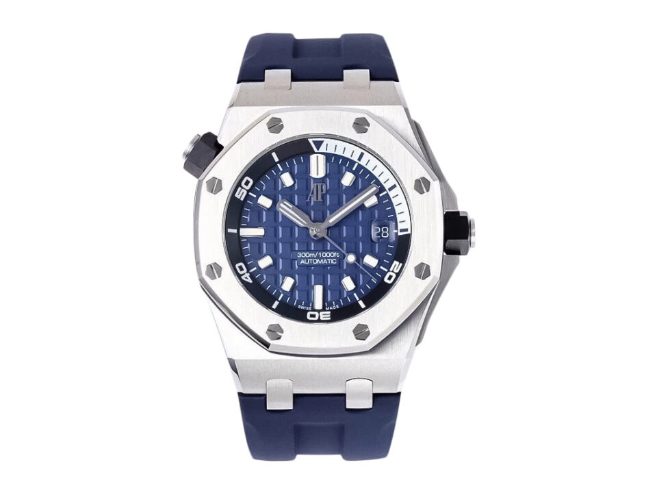Royal Oak ‘Offshore Diver’ 42mm stainless steel watch with a blue dial and matching blue strap, displayed front-facing.