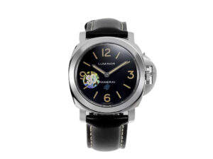 Luminor Base Logo Paneristi 15th Anniversary watch, handwound stainless steel case, black dial, and black leather strap.
