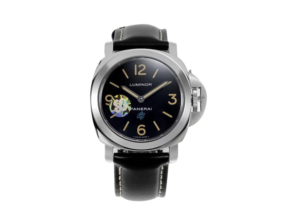 Luminor Base Logo Paneristi 15th Anniversary watch, handwound stainless steel case, black dial, and black leather strap.