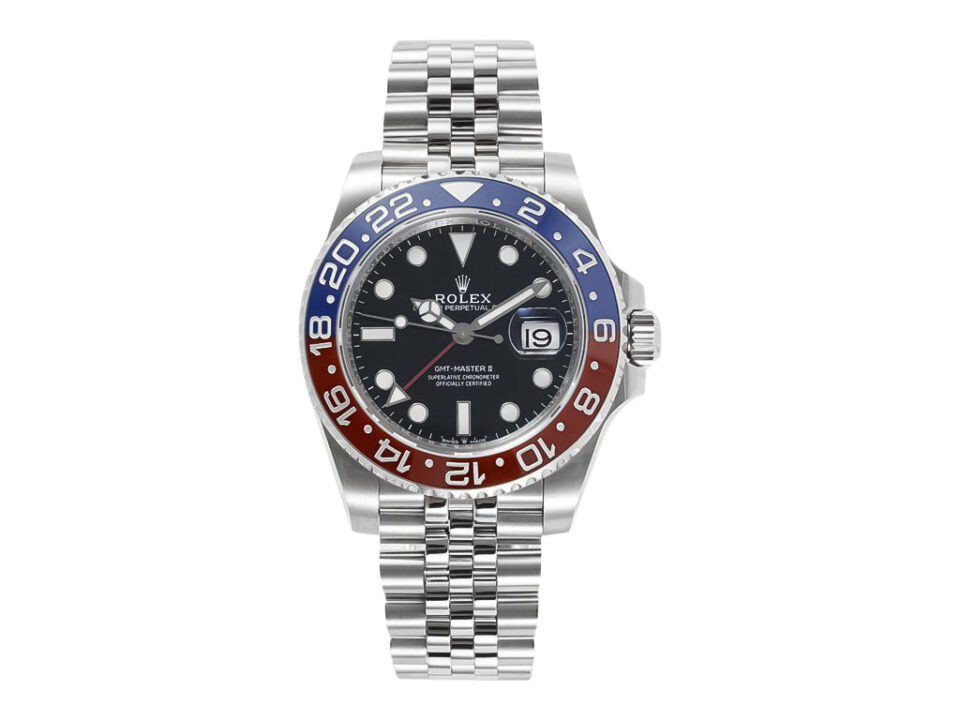 GMT-Master II Stainless Steel 'Pepsi' on Jubilee (40mm) with blue and red bezel, black dial, and stainless steel bracelet.