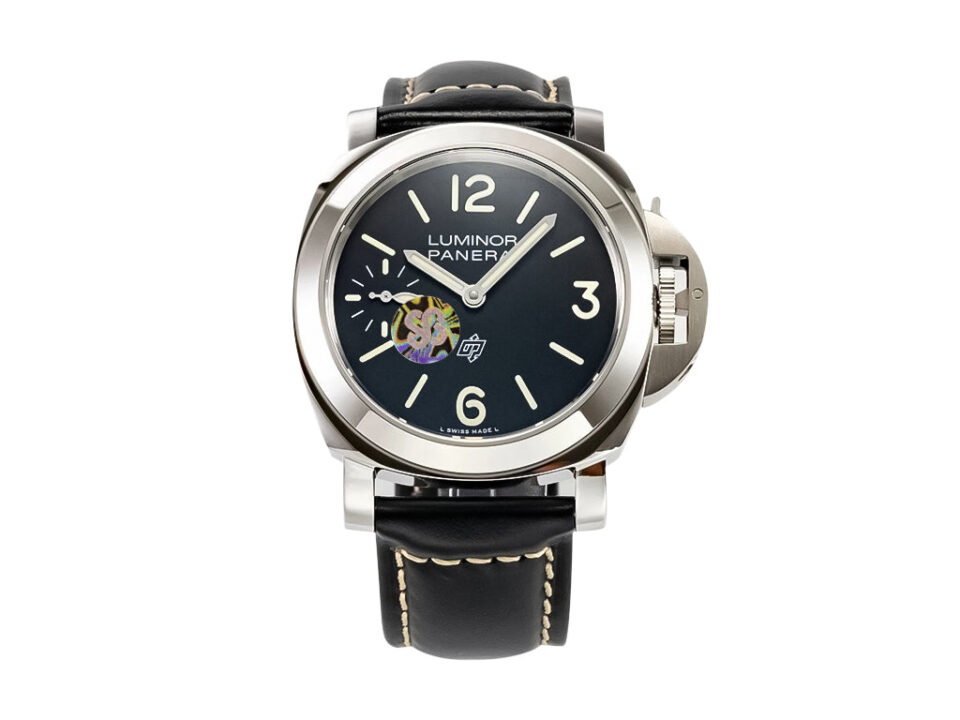 Luminor 44 Logo 3 Days watch with polished stainless steel case, black dial, and black strap, featuring a 44mm design.