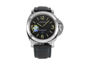 Luminor Base 44 Logo 3 Days Acciaio ‘Blue OP’ Stainless Steel watch with black dial, luminous markers, and green strap.
