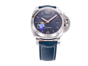 Luminor 1950 3 Days GMT Automatic Acciaio watch with a stainless steel case, blue dial, and matching blue leather strap.