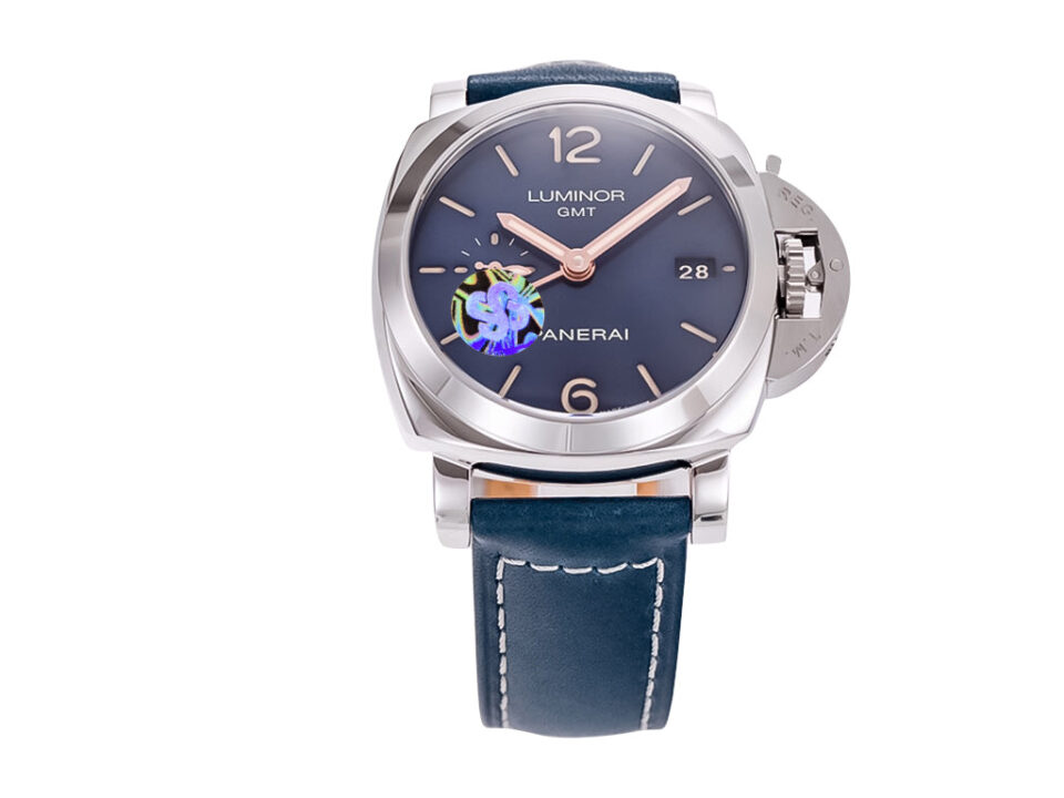 Luminor 1950 3 Days GMT Automatic Acciaio watch with a stainless steel case, blue dial, and matching blue leather strap.