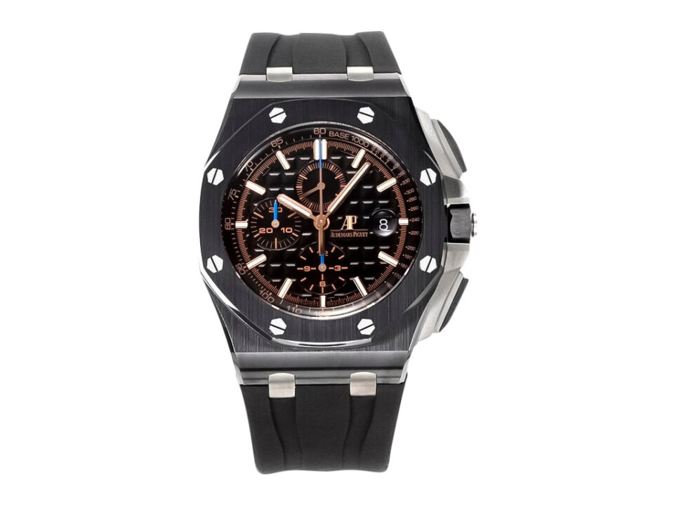 Royal Oak ‘Offshore Chronograph’ Ceramic with Black Dial (44mm) featuring a black rubber strap and detailed silver accents.