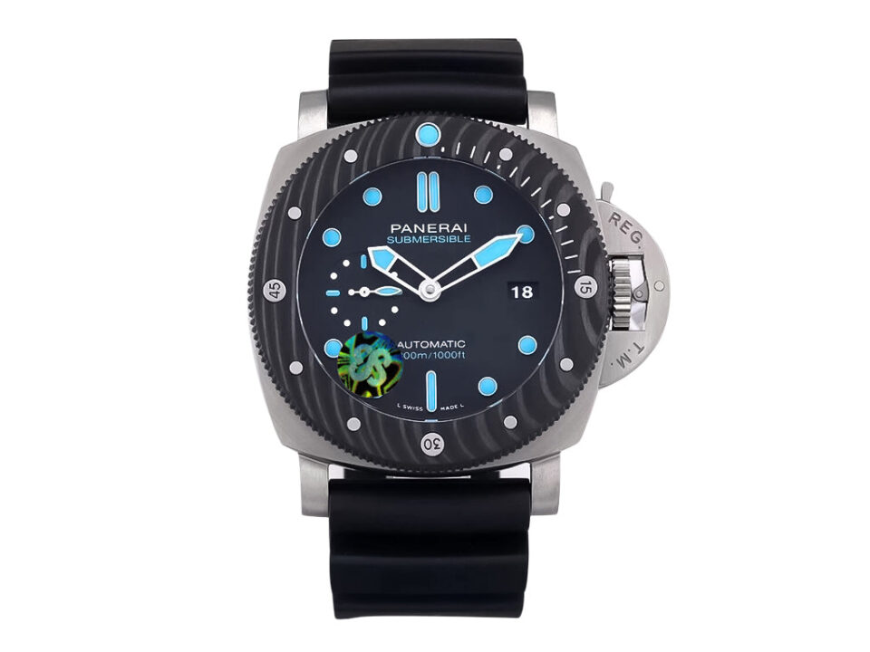 Luminor Submersible 47 3 Days Automatic watch with BMG-Tech titanium case, forged carbon bezel, and black rubber strap.