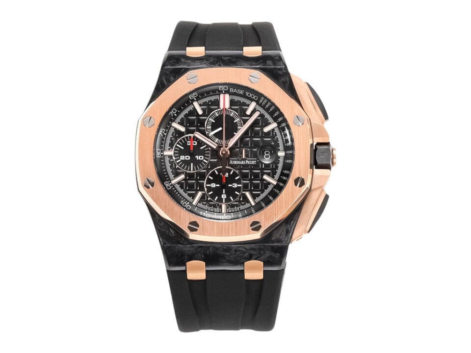 Royal Oak ‘Offshore Chronograph’ watch in ceramic and pink gold with black dial, 44mm case, and black rubber strap.