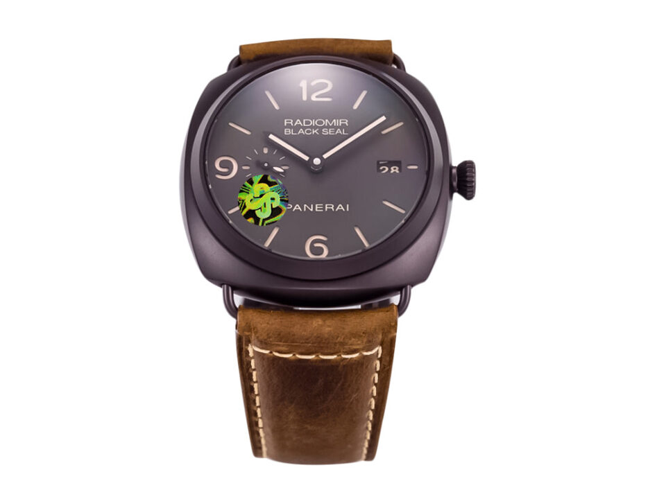 Radiomir Composite Black Seal 3 Days Automatic watch with brown dial, black case, and brown leather strap (45mm).