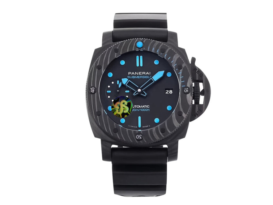 Luminor Submersible 42 3 Days Automatic watch with Carbotech forged carbon case, black bezel, and blue-accented dial.